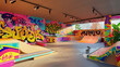 A Vibrant Urban Skate Park: The Park Features Animated Skateboards and Colorful Graffiti Art, Creating a Trendy and Energetic Atmosphere that Celebrates Skateboarding Culture with a Modern Twist.