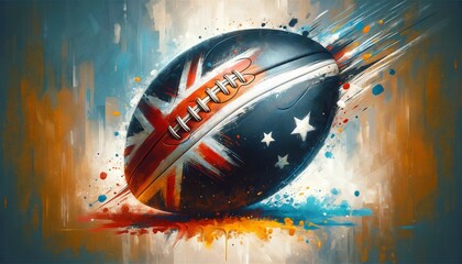 a rugby ball in a modern artwork style with abstract paint strokes