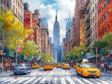 Fototapeta  - Busy New York Street Watercolor