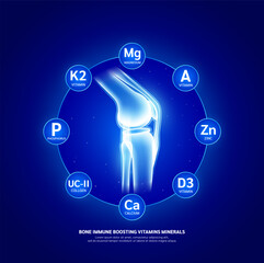 Sticker - Bone immune boosting too vitamins minerals calcium magnesium phosphorus zinc and collagen. Protection knee joint from Arthritis or Osteoarthritis. Healthy human skeleton anatomy. Vector EPS10.