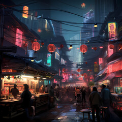 Wall Mural - Neon-lit street market in a cyberpunk city.