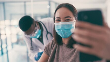 Poster - Vaccine, selfie and woman with injection in clinic from doctor in healthcare for prevention of flu and virus. Hospital, patient and post on social media with medicine or antibiotic treatment cure