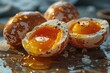 A collection of protein-rich eggs nestled together, the golden yolk shining brightly amidst the surrounding milky whites, evoking feelings of nourishment and satisfaction