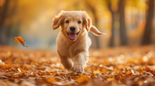 Happy Dog Running In The Autumn Nature