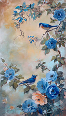 Wall Mural - Blue birds and flowers,rococo style painting