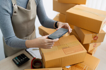 Selling online by taking photo of detail with phone app and doing e-commerce business woman at home with shipping boxes