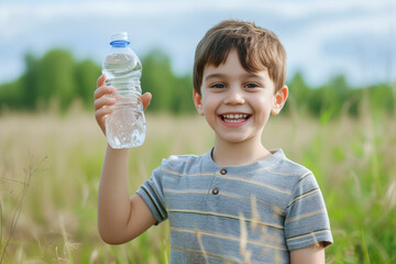 Beautiful child holding a water bottle in his hand