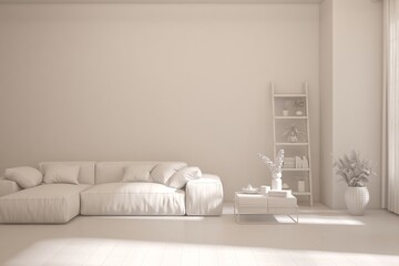 Grey interior desigh concept with furniture. 3D illustration