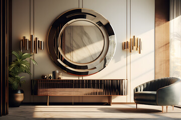 Space with a sculptural wall-mounted art deco mirror