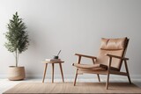 Fototapeta Przestrzenne - Empty wall mock up in Scandinavian style interior with wooden armchair. Minimalist interior design