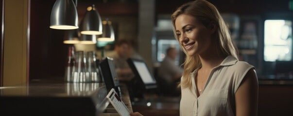 Portrait of a pretty young smiling waitress in a restaurant.