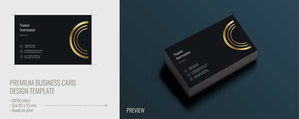 vector business card design with black background and golden arc, visiting card template, cutaway mo