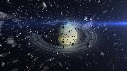 Wall Mural - camera inside asteroid field heading planet saturn outer space cinematic view, 4k, 2024