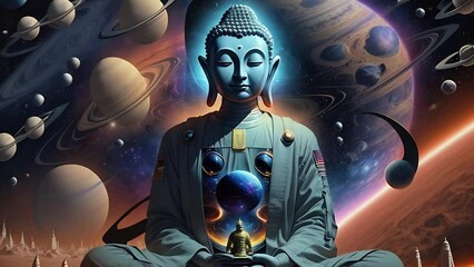 Wall Mural - Buddha statue on background of futuristic cosmic animation. Colorful night sky with stars and galaxies . AI generated cosmic animation with transformations