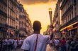 An unidentified man in a white t-shirt with a torch on the streets of Paris at sunset. Paris is the capital of the 2024 Olympic Games. Walking with the Olympic flame through the streets of Paris