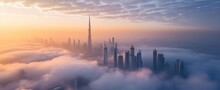 Aerial View Of Dubai Frame And Skyline Covered In Dense Fog During Winter Season