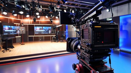 Studio TV set. TV network live studio setup with large scale monitors. Video camera operator