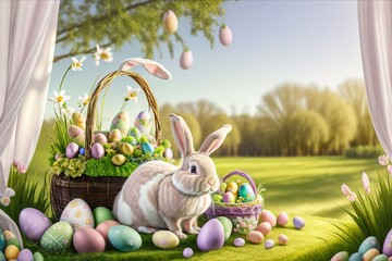 Wall Mural - Small, baby rabbit in easter basket with fluffy fur and easter eggs in the fresh, green spring landscape. Ideal as an easter card or greeting card or wallpaper.
