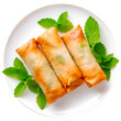 Spring roll with fresh mint on a white plate and transparent background.