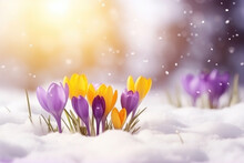 The first spring saffron flowers blooming under the snow in the field 