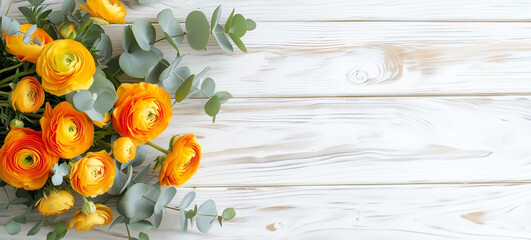  Banner with yellow orange ranunculus and eucalyptus branches on white wooden background