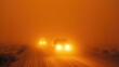 Vehicles cautiously navigating a road during a dust storm, with headlights barely piercing through the thick dust