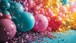 Vibrant background with confetti and balloons as celebration concept