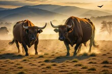 The Bull In The Field At Sunset, And Looks Like He Is Willing To Fight, Repeat Video