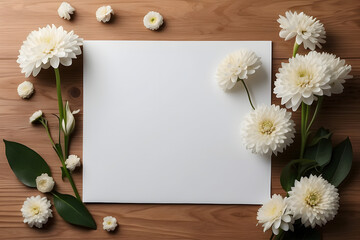 Concept photo shoot of floral and romantic white flowers with white paper for mockup 