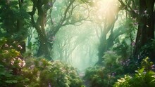 Fantasy Forest Filled With Beautiful Flowers. 4k Video Animation