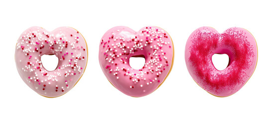 Wall Mural - Collection Set of Pink Donut in the Shape of a Heart, isolated over on transparent background