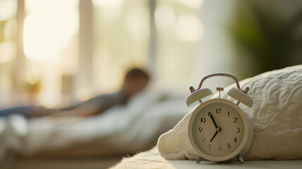 Sticker - classic white alarm clock is on a bed with white linens, bathed in soft morning light with a blurred background suggesting a bedroom setting