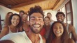 Young Tourists Enjoying Summer Vacation. Multiracial Friends at Youth Hostel Guest House - Happy Group Booking Vacation Home - Guys and Girls Capture Fun Moments with Selfie at Holiday Destination.
