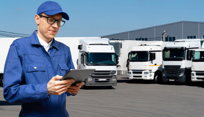 Poster - Fleet manager with digital tablet on a background of trucks