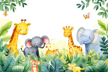 Cute cartoon safari zoo with animal frame border on background in watercolor style.