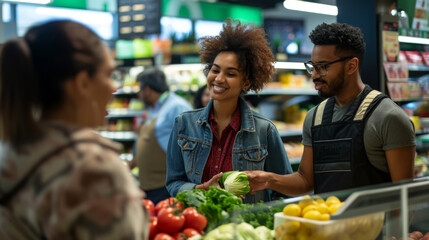 Wall Mural - joyful woman holding fresh greens while shopping in a grocery store with another shopper in the background