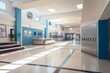 Perspective view of a high school lobby with blue lockers, leading to a fitness gym and a sports club hallway. Generative AI