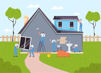 House building repair painting wall home renovate concept. Vector graphic design illustration element