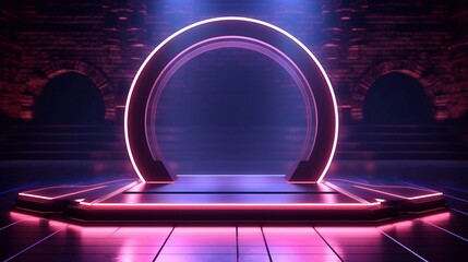 Wall Mural - Sci-fi abstract arch frame and Empty podium glowing neon glassmorphism  lighting fnd reflection. Product display mockup for product presentation futuristic touch shine rendering 3d shape.