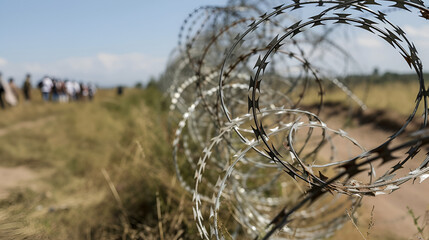 A crowd of illegal immigrants stand along the border with barbed wire. Texas and Mexico Emigration Crisis