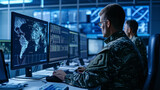 Fototapeta  - military personnel is focused on monitoring multiple computer screens in a high-tech surveillance room with global maps and data on the screens