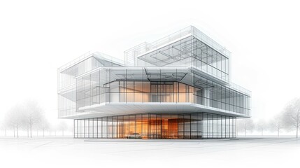 3D mesh of a modern building, blueprint graphic design.