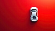 Top View, White Racing Car On Red Background.