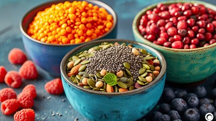 Canvas Print - Bowls with seeds and legumes considered superfoods.