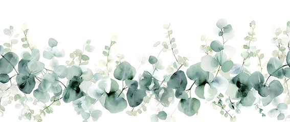 Canvas Print - illustration of a natural watercolor background with green eucalyptus branches, in the style of floral, dark white and light aquamarine, decorative borders, wiesław wałkuski, white background