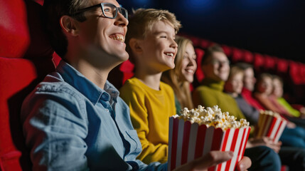 Sticker - Family is smiling and watching a movie in a cinema, with a child and everyone looking happy and engaged with the screen.