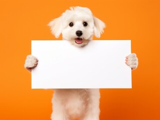 Wall Mural - White puppy dog holding blank sign on orange background