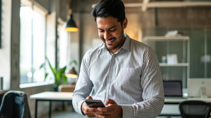 Canvas Print - Smiling man using a smartphone, texting or browsing, in a well-lit office space