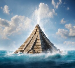 Ancient Mayan pyramid in the sea. 3d rendering and illustration