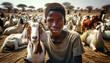 A Botswana Herd boy with one of the goats that he is taking care of.Small-stock in Botswana are mostly commonly managed in communal grazing areas, where fencing is not permitted  